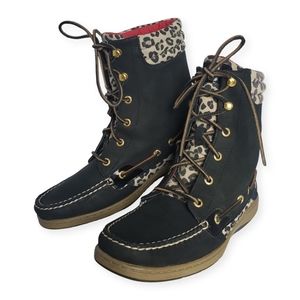 Womens Sperry Hikerfish Red Black Leopard Boots Size 10M